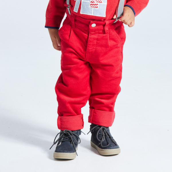 Pantalon velours fantaisie à bretelles rouge bébé garçon