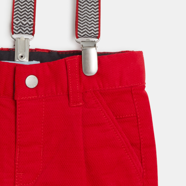 Pantalon velours fantaisie à bretelles rouge bébé garçon