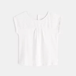 T-shirt bi-matière broderie anglaise blanc bébé fille