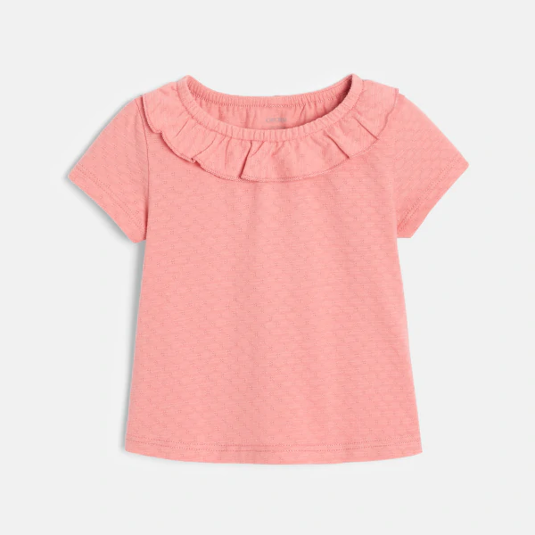 T-shirt col volanté maille fantaisie rose bébé fille