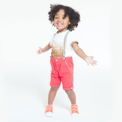 Bermuda à pinces en coton fantaisie et bretelles orange bébé garçon