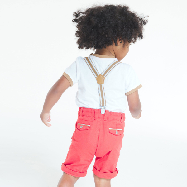 Bermuda à pinces en coton fantaisie et bretelles orange bébé garçon