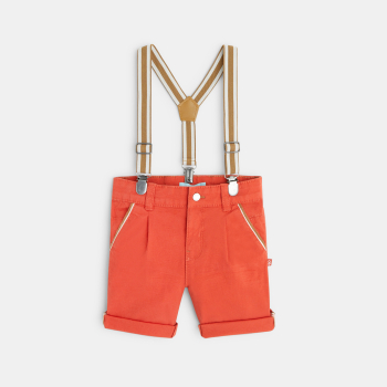 Bermuda à pinces en coton fantaisie et bretelles orange bébé garçon