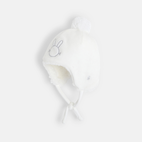 Bonnet polaire fourré brodé blanc naissance
