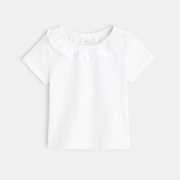 T-shirt col volanté maille fantaisie blanc bébé fille