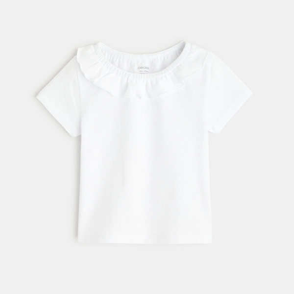 T-shirt col volanté maille fantaisie blanc bébé fille