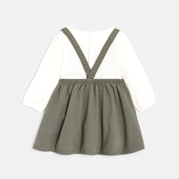 فستان وتي شيرت من نسيج قطني مضلع باللون الأخضر للفتيات الصغيرات