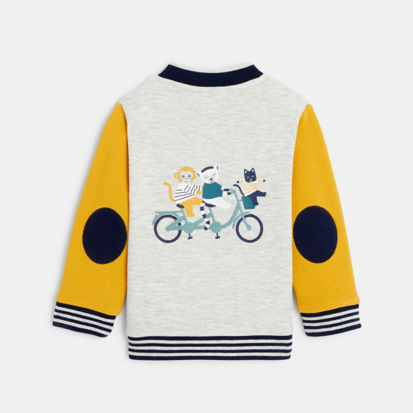 Sweat teddy bicolore côtelé animaux à vélo jaune bébé garçon