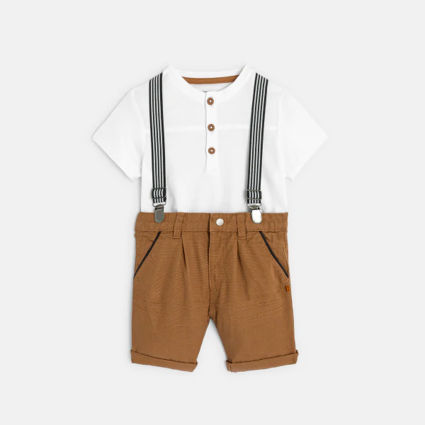 Bermuda à bretelles et t-shirt maille piquée marron bébé garçon