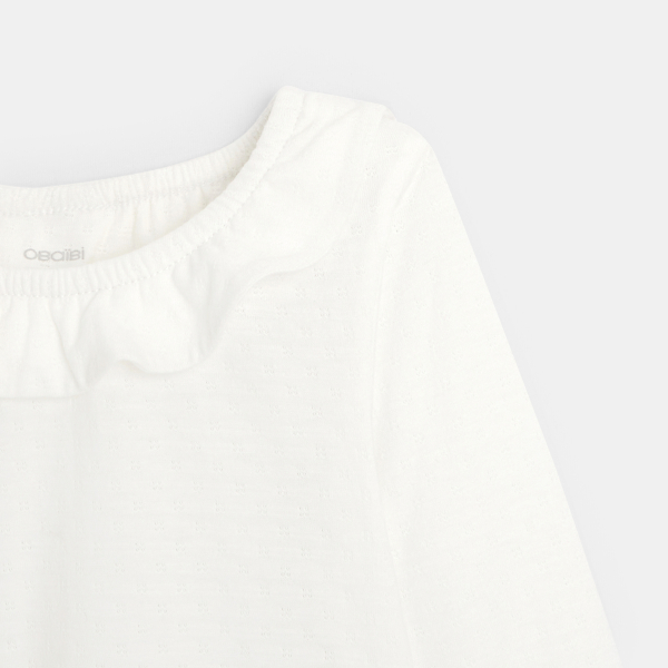 T-shirt col volanté maille fantaisie beige bébé fille