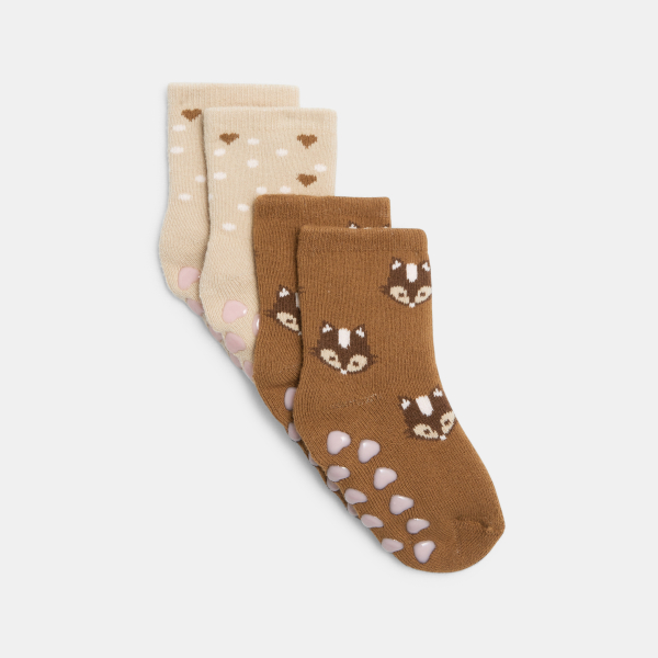 جوارب مضادة للانزلاق (مجموعة من 2) طفلة باللون البيج