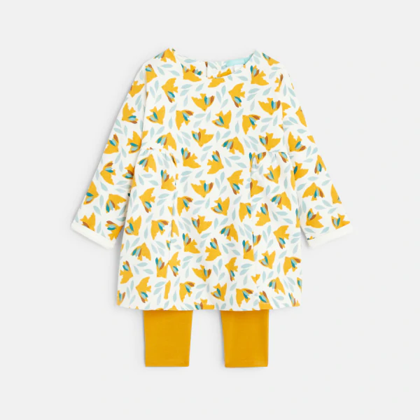Robe oiseaux molleton léger et legging jaune bébé fille
