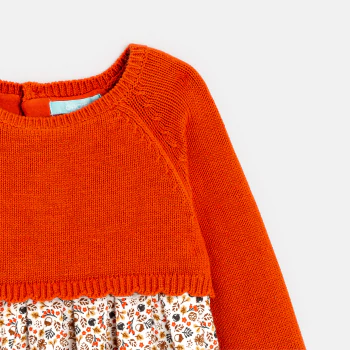 Robe bi-matière maille tricot et seersucker fleuri orange bébé fille