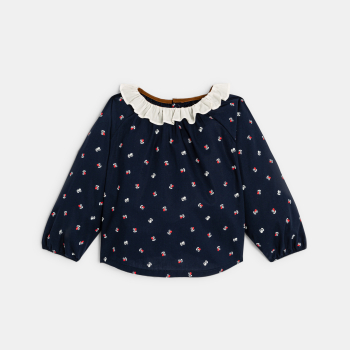 Blouse fleurie à col volanté bleue bébé fille