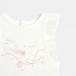T-shirt broderie oiseau à mancherons plissés