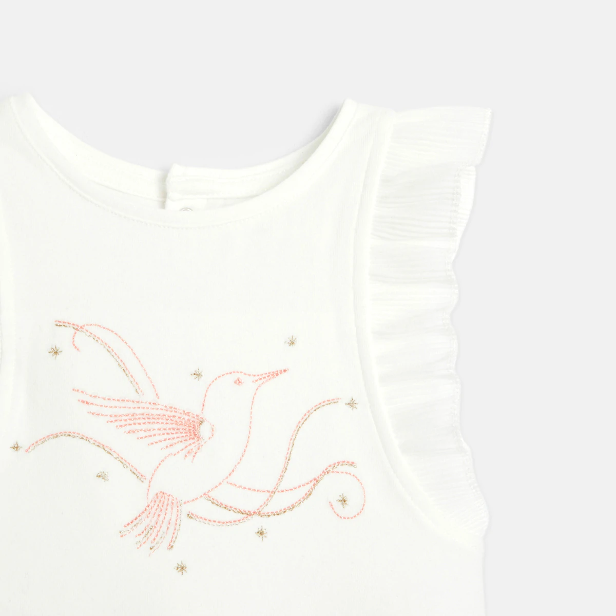 T-shirt broderie oiseau à mancherons plissés