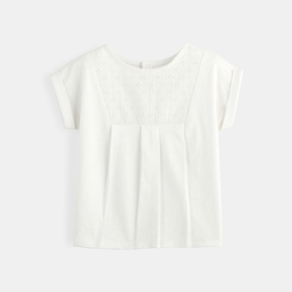 T-shirt bimatière broderie anglaise blanc bébé fille