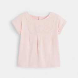 T-shirt bimatière broderie anglaise rose bébé fille