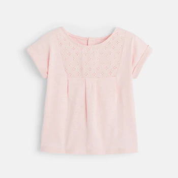 T-shirt bimatière broderie anglaise rose bébé fille
