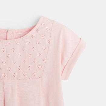T-shirt bimatière broderie anglaise rose bébé fille