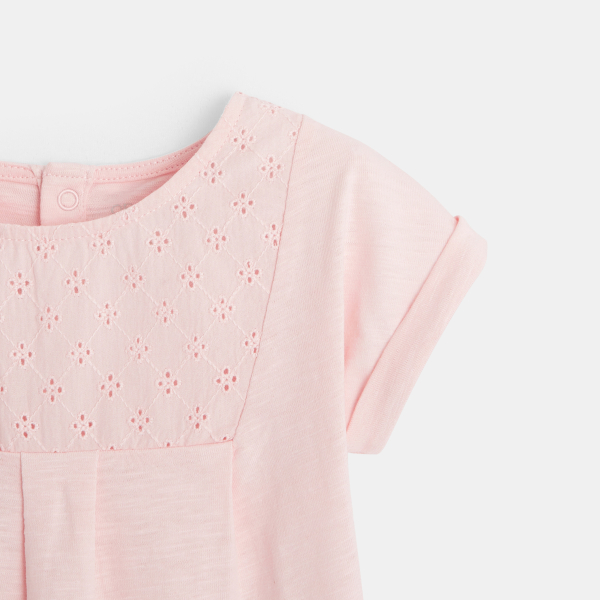 T-shirt bimatière broderie anglaise rose bébé fille