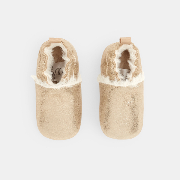 Chaussons cuir souple moumoute jaunes naissance