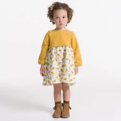 فستان ثنائي المادة بطبعة طائر أصفر للفتيات الصغيرات
