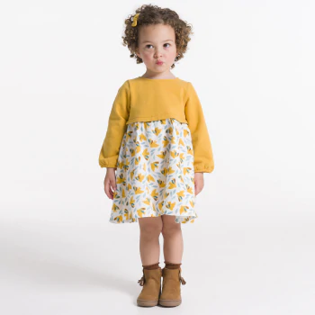 فستان ثنائي المادة بطبعة طائر أصفر للفتيات الصغيرات