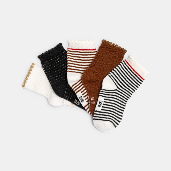 Chaussettes rayées brillantes bords festonnés (lot de 5) marron bébé fille