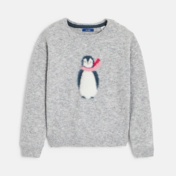 Pull jacquard motif pingouin gris Fille