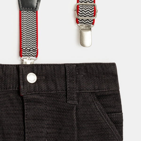 Pantalon velours fantaisie à bretelles amovibles gris bébé garçon