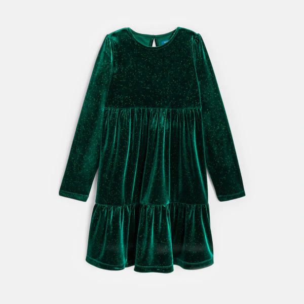 فستان مخملي أنيق، أخضر، للفتيات