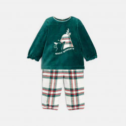 Pyjama en velours brodé rennes à carreaux bébé fille