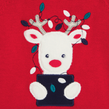 سترة منسوجة من التريكو عليها حيوان الرّنّة أحمر أولادي رُضع