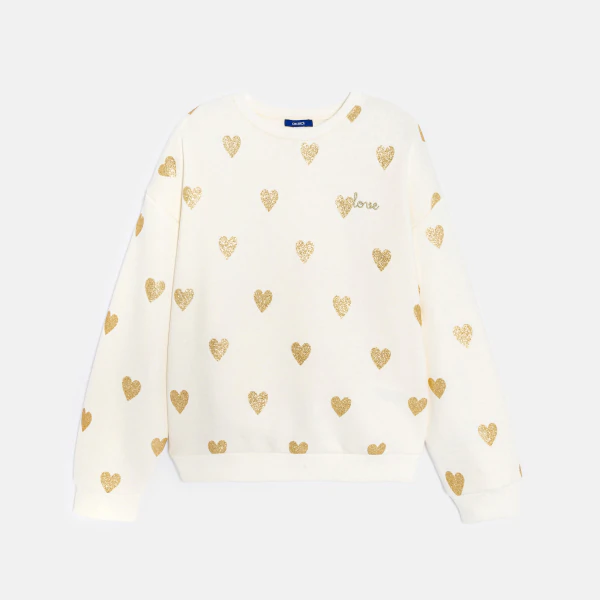 Sweat-shirt motif coeur pailleté blanc Fille