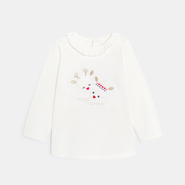 T-shirt manches longues broderies rennes blanc bébé fille