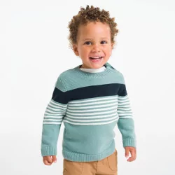Pull maille tricot à rayures vert bébé garçon