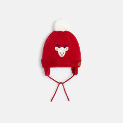 قبعة متماسكة مبطنة بالصوف باللون الأحمر للفتيات الصغيرات