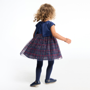 Robe de fête bi-matière velours et tulle à carreaux bleu bébé fille