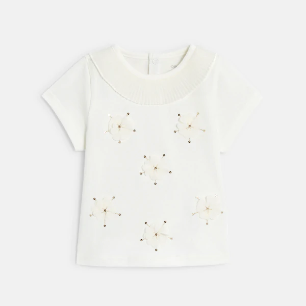 T-shirt fleurs brodées sequins blanc bébé fille