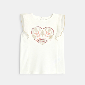 T-shirt brodé à manches volantées blanc bébé fille