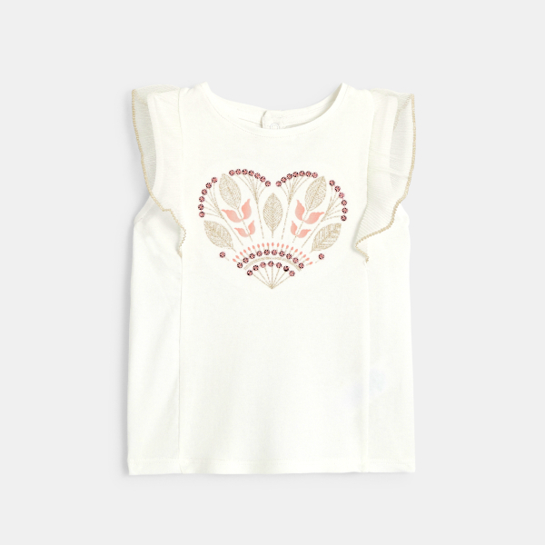 T-shirt brodé à manches volantées blanc bébé fille