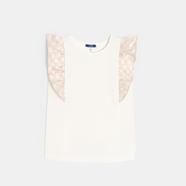 بلوزة بأكمام منفوخة عند الكتف وكشكشة باللون البيج الفاتح للفتيات