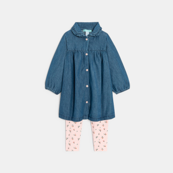 Robe denim léger et legging côtelé fleuri bébé fille