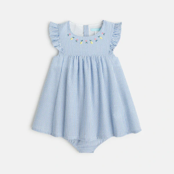 فستان قطن مخطط باللون الأزرق للفتيات الصغيرات