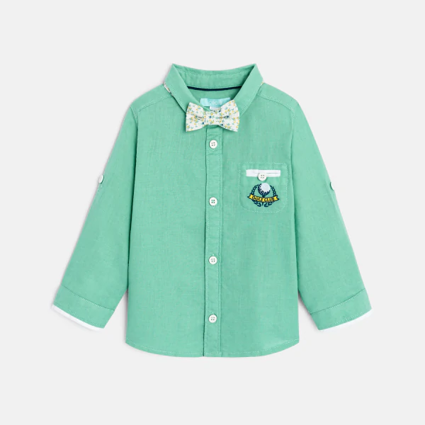 قميص من القطن والكتان قابل للتعديل باللون الأخضر للأولاد الصغار