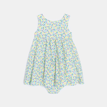 Robe à bretelles gaufrée fleurie et bloomer jaune bébé fille