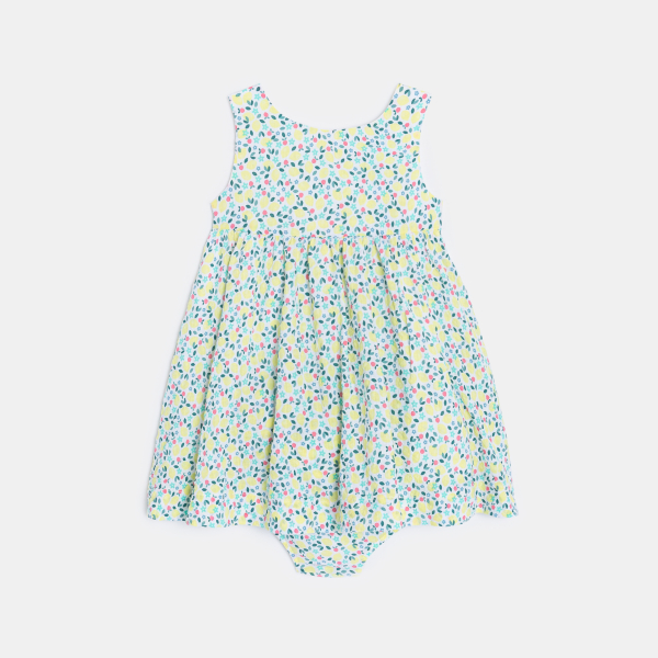 Robe à bretelles gaufrée fleurie et bloomer jaune bébé fille
