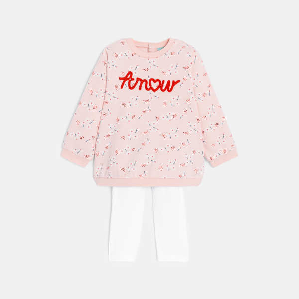 Sweat molleton imprimé et legging rose bébé fille
