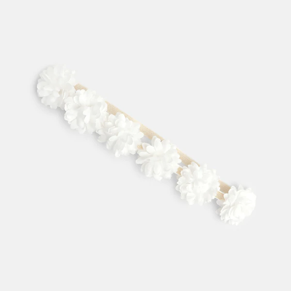 Headband élastique fleuri blanc bébé fille